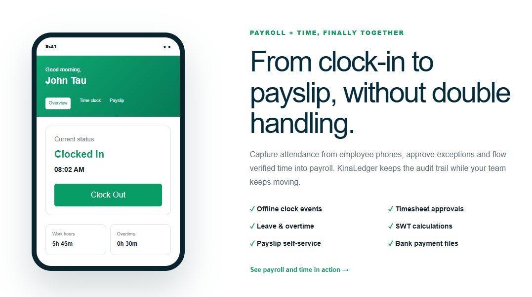 KinaLedger mobile app showing an employee clocked in with work hours, overtime and payslip access
